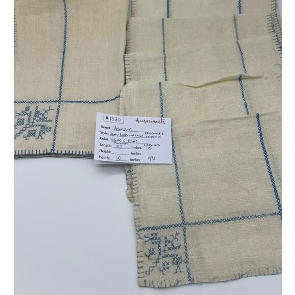Vintage Set Ivory & Blue Hand Embroidered Placemat & 5 Napkins Doilies Sewing - Picture 5 of 5